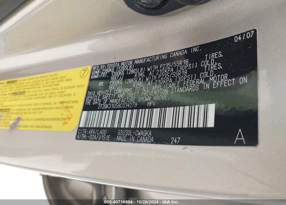 2008 LEXUS RX 350 VIN: 2T2GK31U58C034279