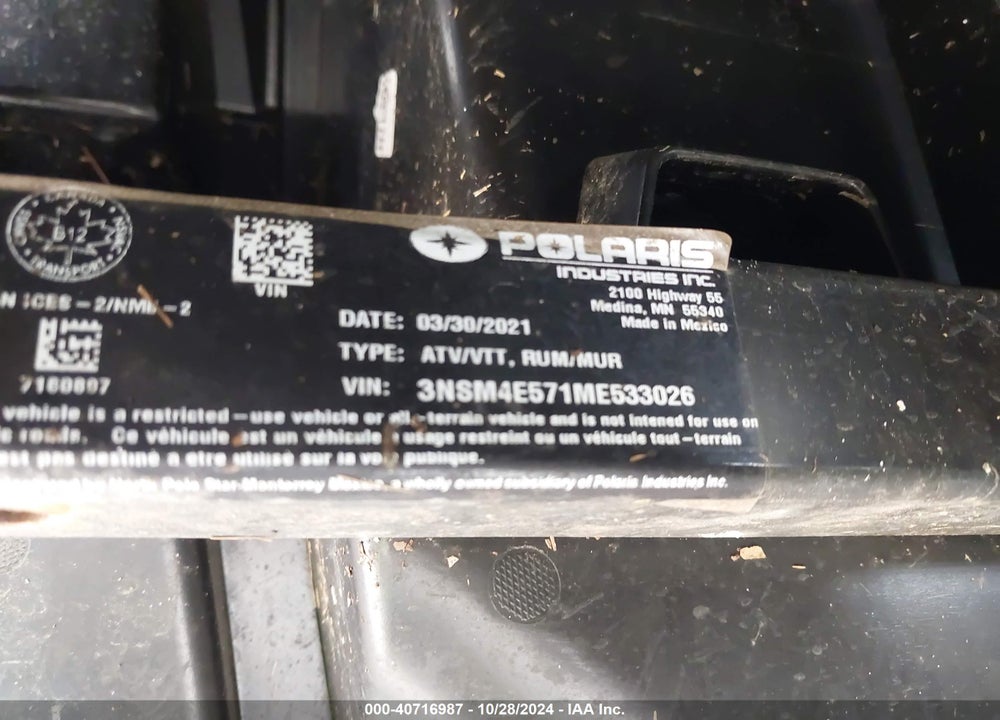 2021 POLARIS RANGER CREW 570-4 PREMIUM VIN: 3NSM4E571ME533026