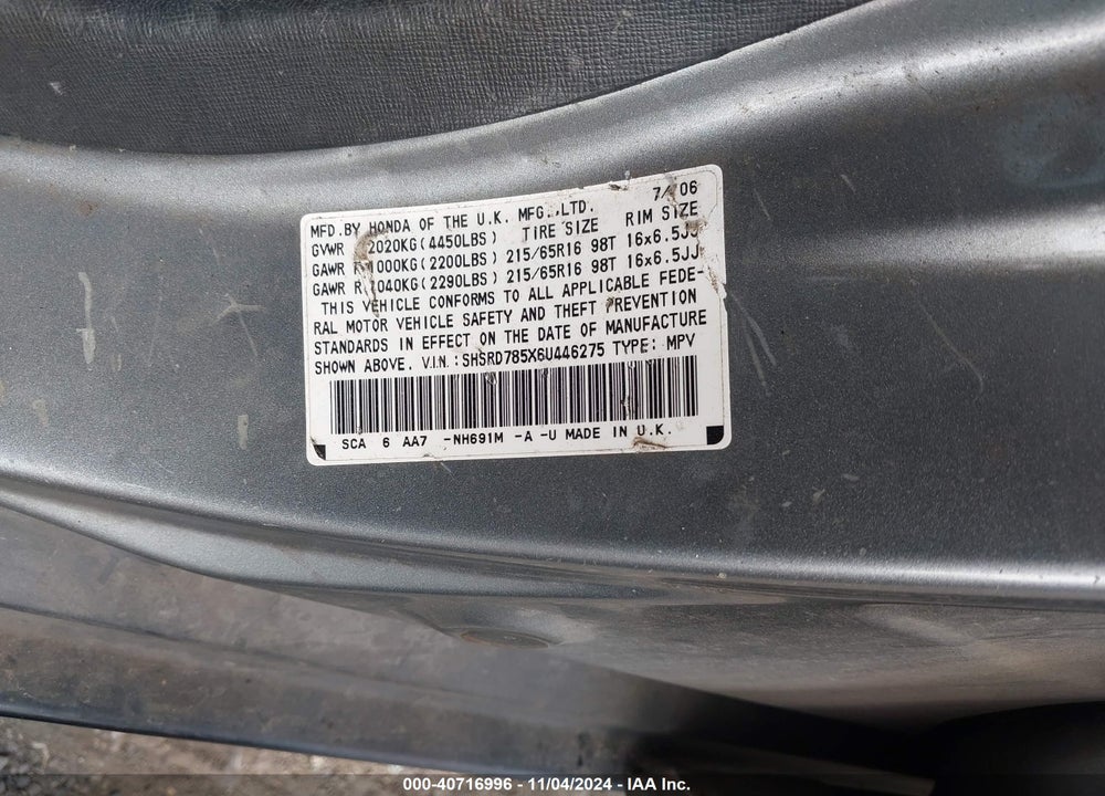 2006 HONDA CR-V LX VIN: SHSRD785X6U446275