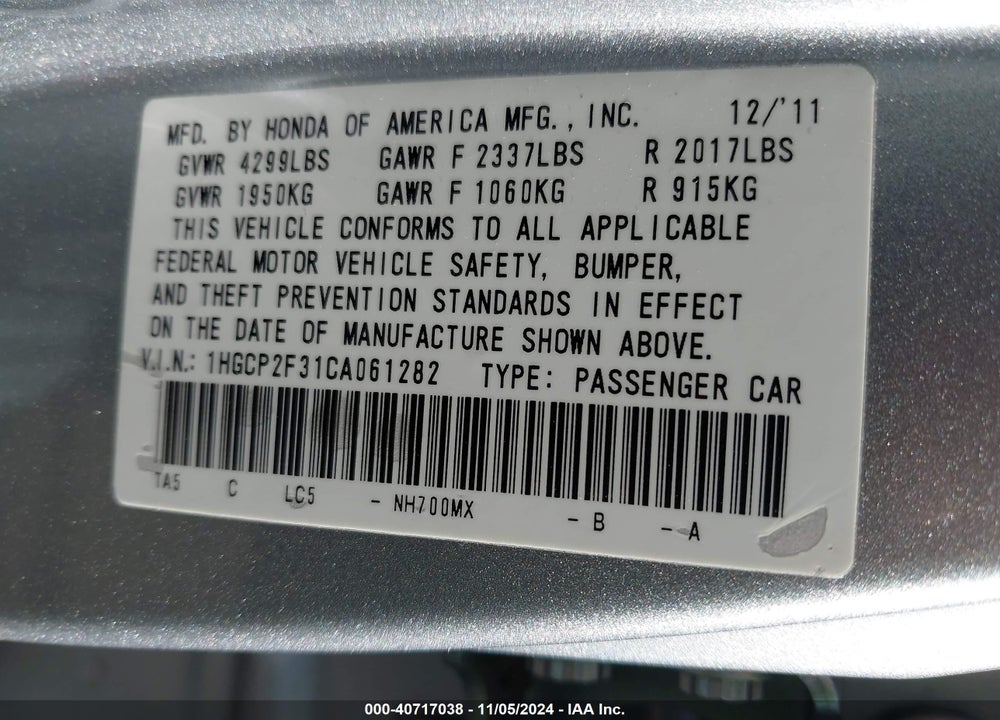 2012 HONDA ACCORD 2.4 LX VIN: 1HGCP2F31CA061282