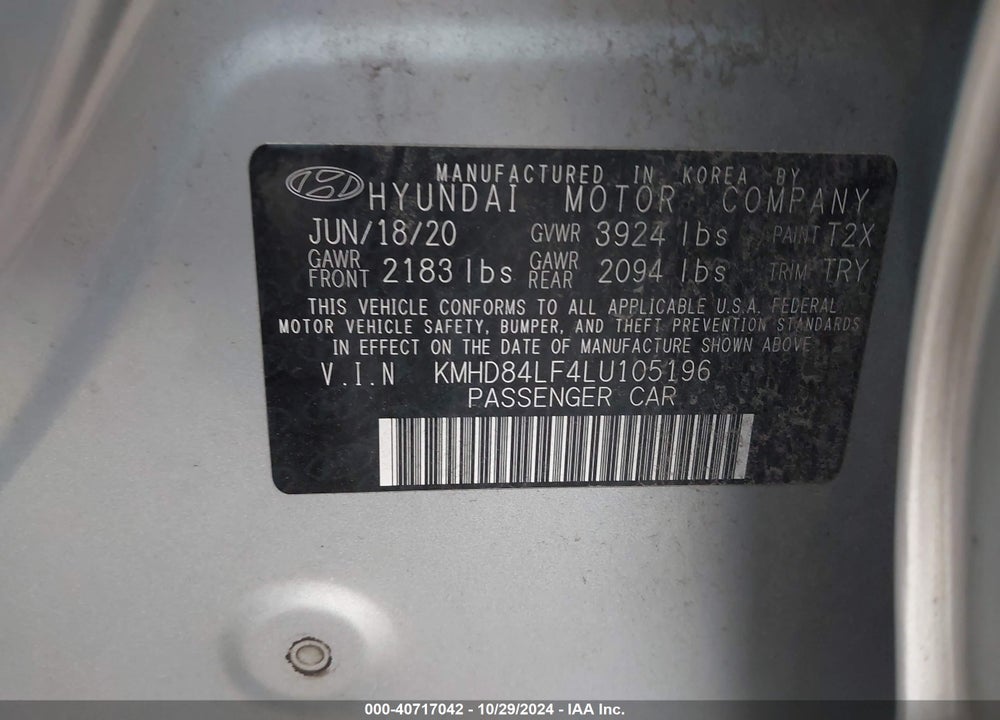 2020 HYUNDAI ELANTRA VALUE EDITION VIN: KMHD84LF4LU105196