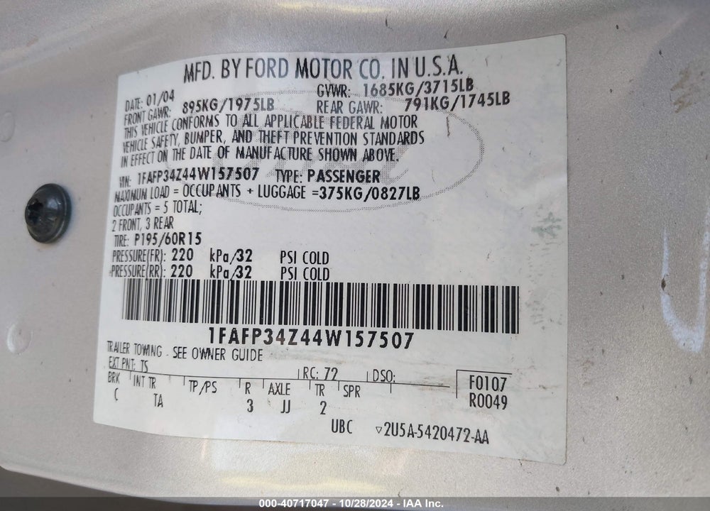 2004 FORD FOCUS SE VIN: 1FAFP34Z44W157507