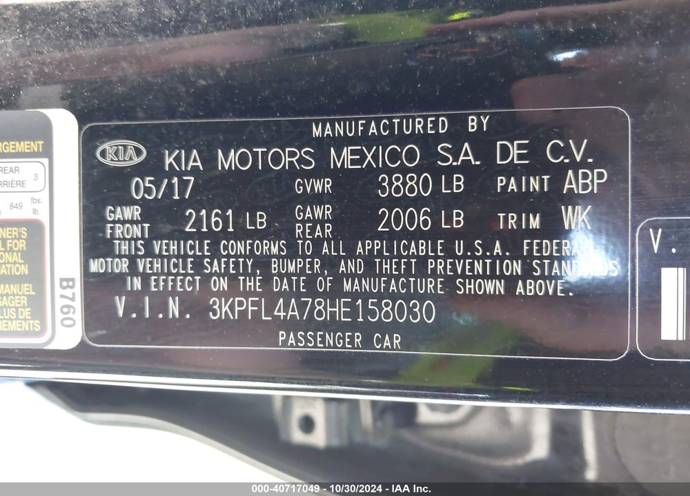 2017 KIA FORTE LX VIN: 3KPFL4A78HE158030
