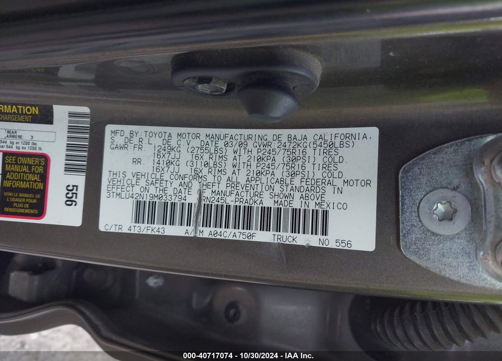 2009 TOYOTA TACOMA BASE V6 VIN: 3TMLU42N19M033794