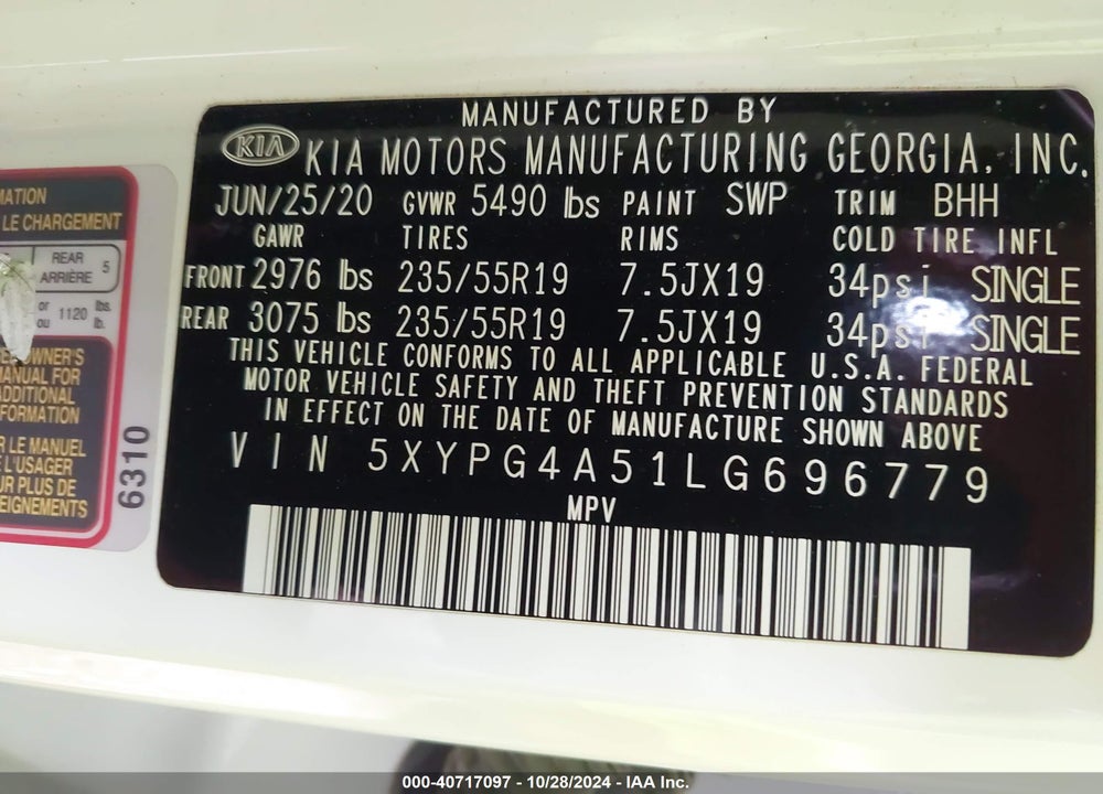 2020 KIA SORENTO 3.3L S VIN: 5XYPG4A51LG696779