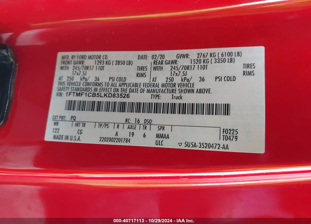 2020 FORD F-150 VIN: 1FTMF1CB5LKD83526