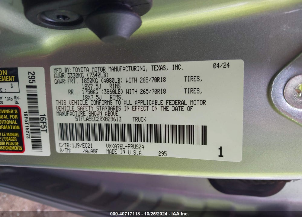 2024 TOYOTA TUNDRA VIN: 5TFLA5EC2RX029613