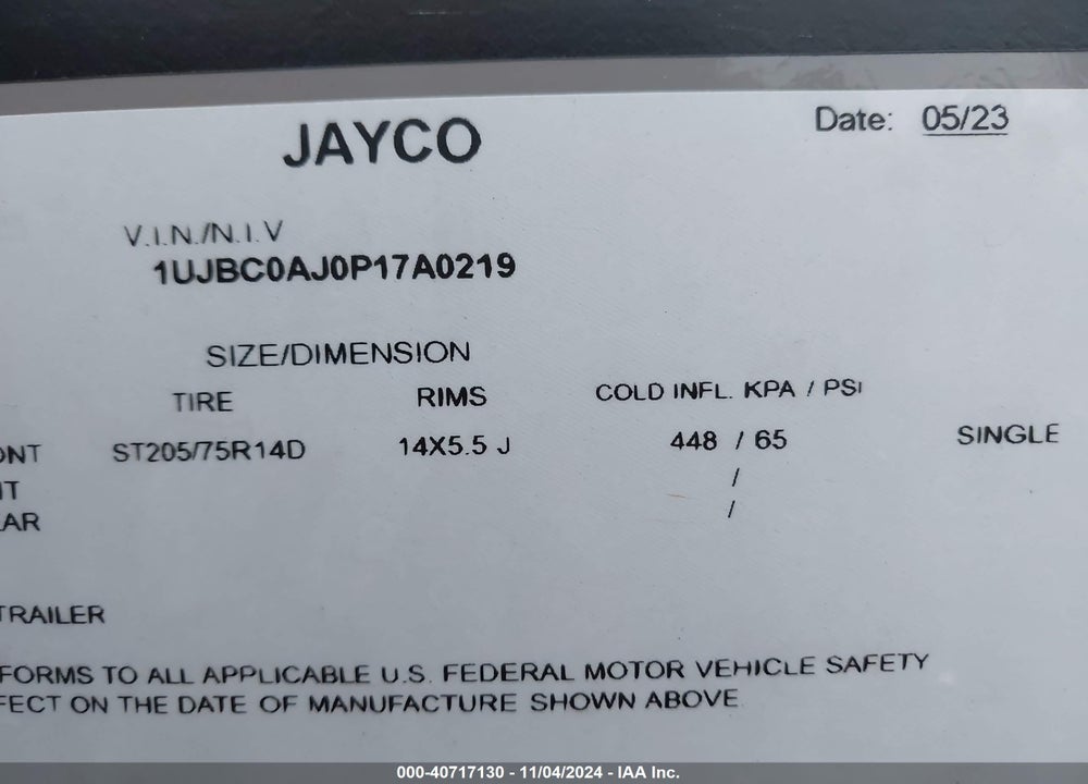 2023 JAYCO OTHER VIN: 1UJBC0AJ0P17A0219