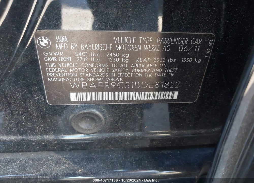 2011 BMW 550I VIN: WBAFR9C51BDE81822