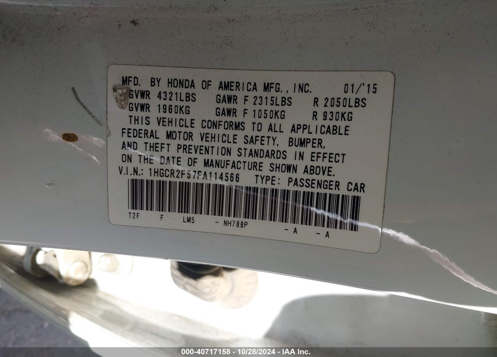 2015 HONDA ACCORD SPORT VIN: 1HGCR2F57FA114566