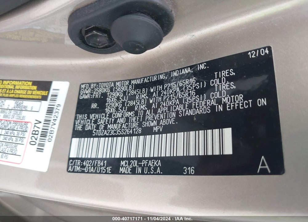 2005 TOYOTA SIENNA LE VIN: 5TDZA23C35S264128