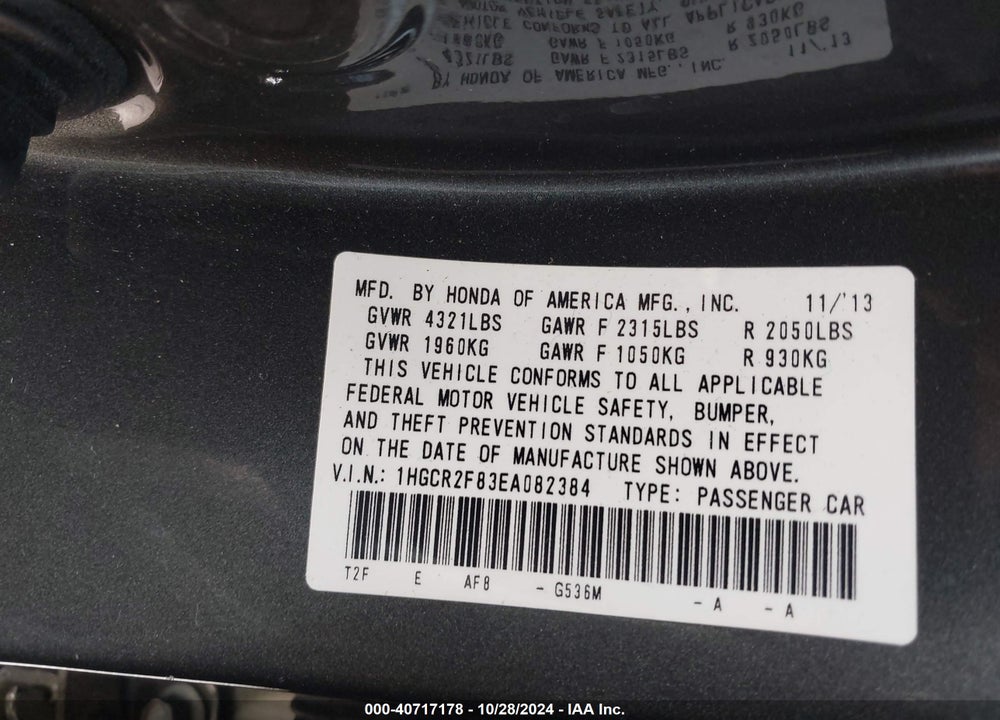 2014 HONDA ACCORD EX-L VIN: 1HGCR2F83EA082384