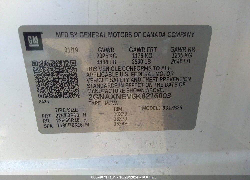 2019 CHEVROLET EQUINOX PREMIER VIN: 2GNAXNEV6K6216003