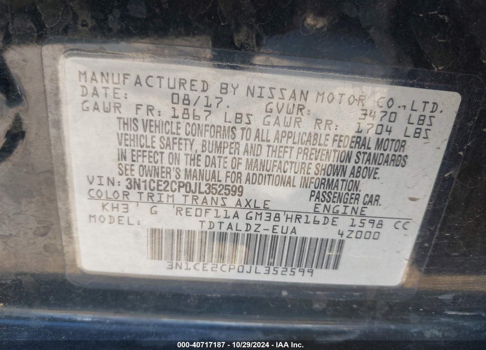 2018 NISSAN VERSA NOTE SV VIN: 3N1CE2CP0JL352599