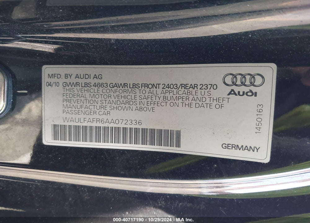 2010 AUDI A5 VIN: WAULFAFR6AA072336