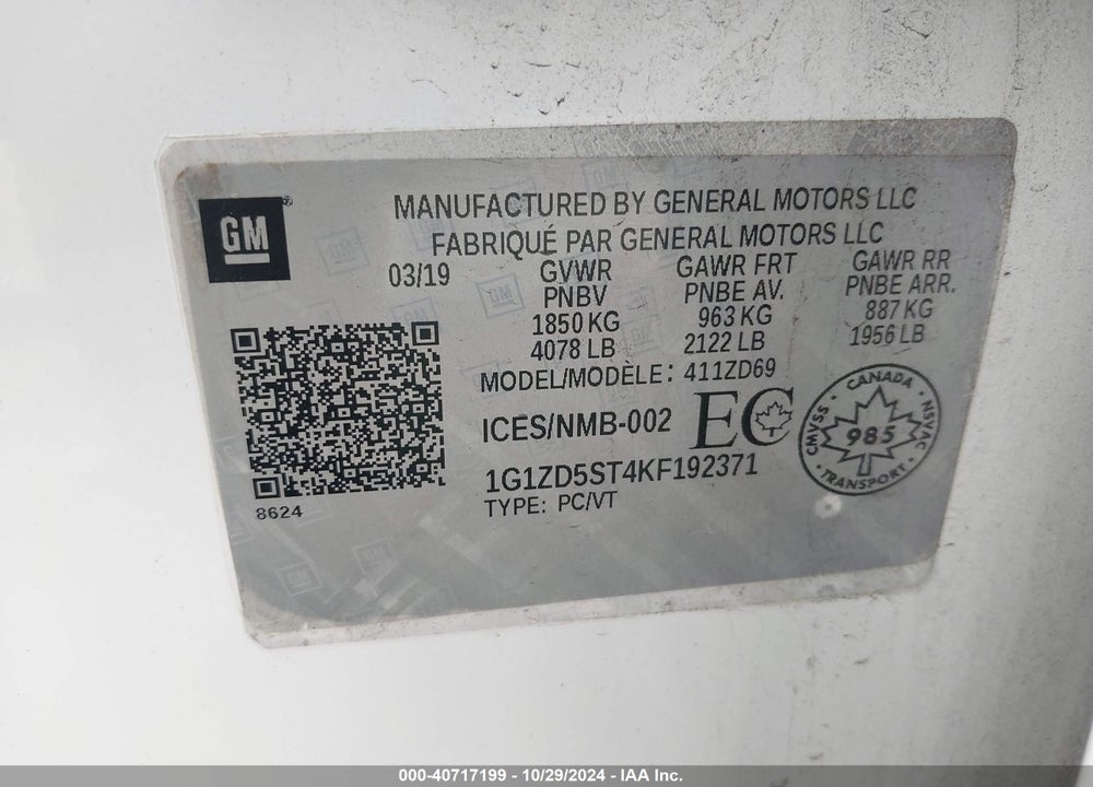 2019 CHEVROLET MALIBU VIN: 1G1ZD5ST4KF192371