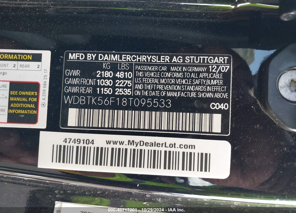 2008 MERCEDES-BENZ CLK 350 VIN: WDBTK56F18T095533