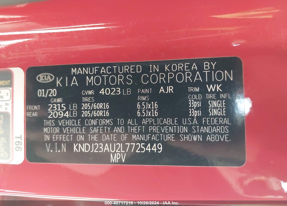 2020 KIA SOUL LX VIN: KNDJ23AU2L7725449