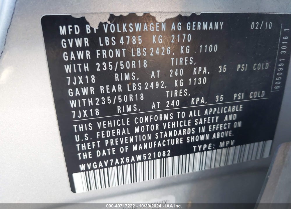 2010 VOLKSWAGEN TIGUAN WOLFSBURG EDITION VIN: WVGAV7AX6AW521082