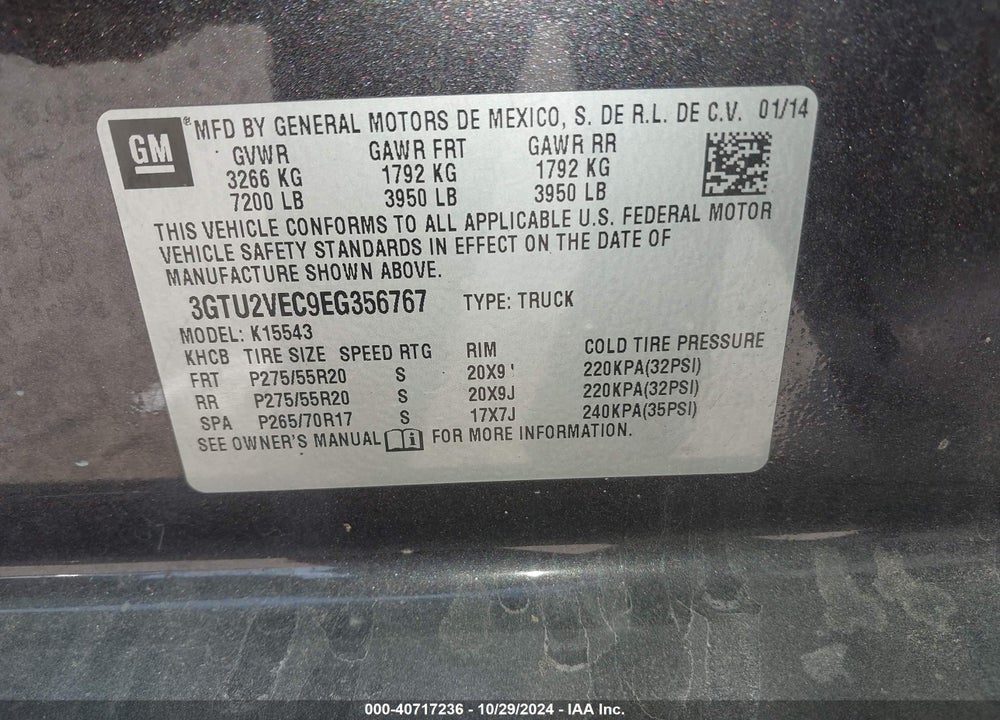 2014 GMC SIERRA 1500 SLT VIN: 3GTU2VEC9EG356767