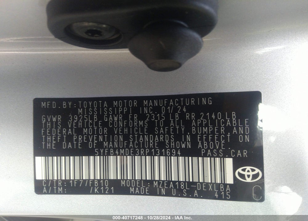 2024 TOYOTA COROLLA LE VIN: 5YFB4MDE3RP131694