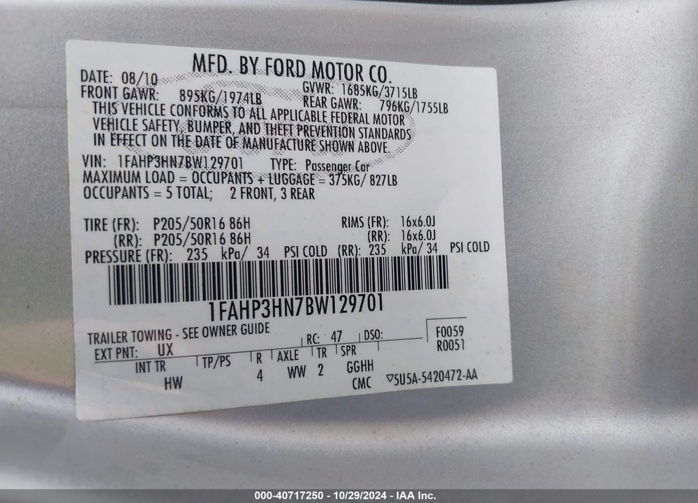 2011 FORD FOCUS SEL VIN: 1FAHP3HN7BW129701