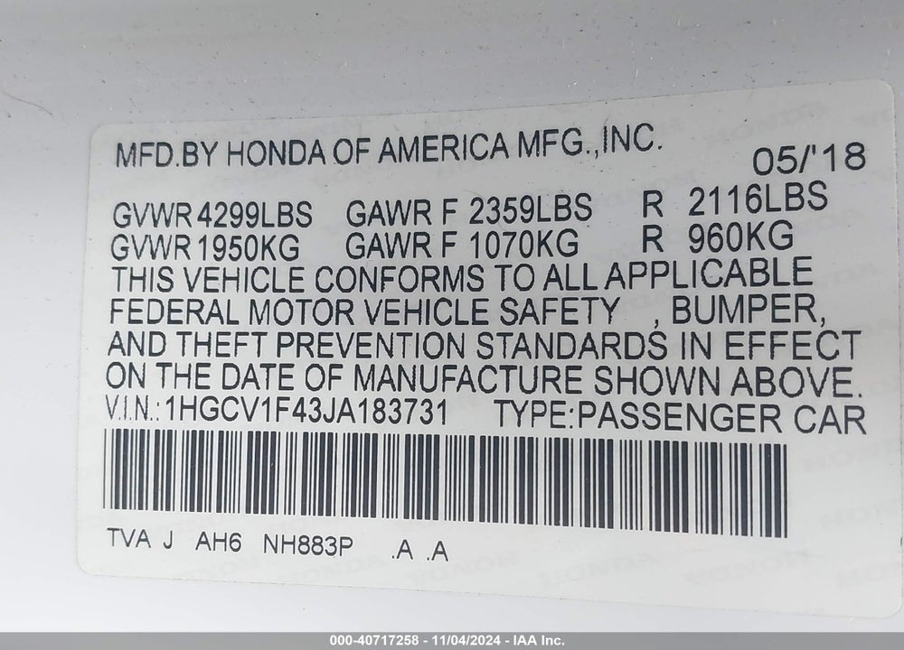 2018 HONDA ACCORD EX VIN: 1HGCV1F43JA183731