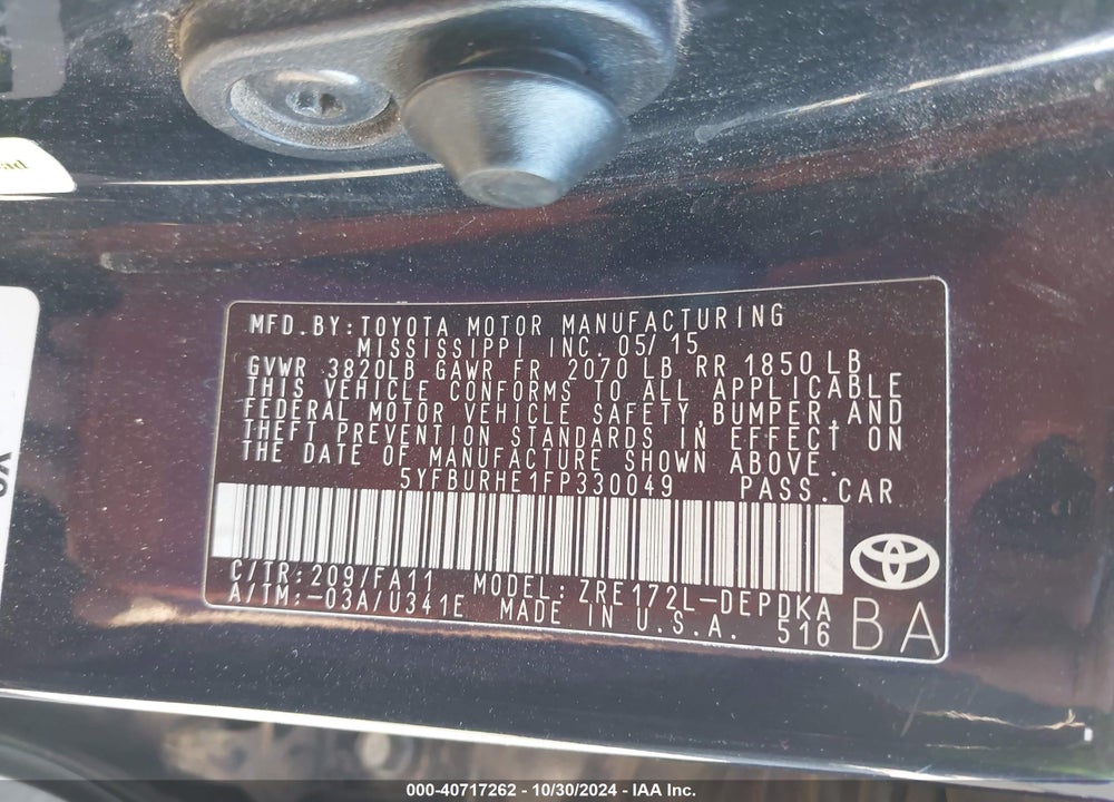 2015 TOYOTA COROLLA L VIN: 5YFBURHE1FP330049