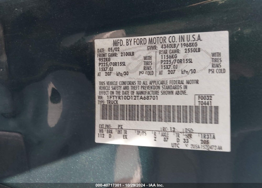 2002 FORD RANGER XL/XLT VIN: 1FTYR10D12TA68701