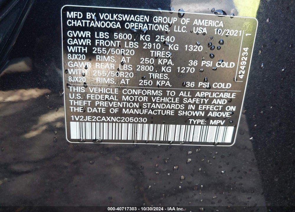 2022 VOLKSWAGEN ATLAS CROSS SPORT 3.6L V6 SE W/TECHNOLOGY VIN: 1V2JE2CAXNC205030