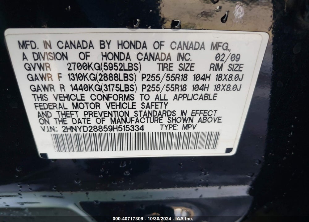 2009 ACURA MDX SPORT PACKAGE VIN: 2HNYD28859H515334