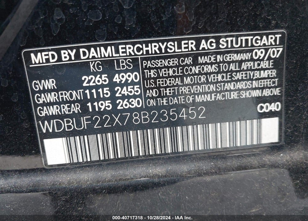2008 MERCEDES-BENZ E 320 BLUETEC VIN: WDBUF22X78B235452