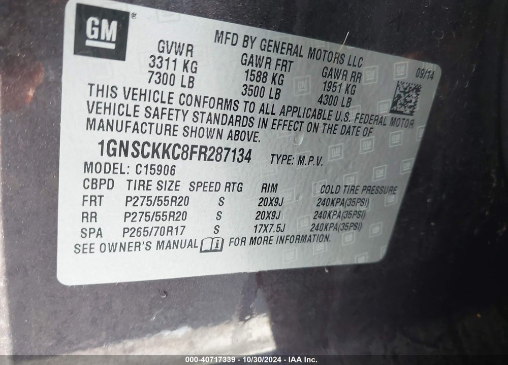 2015 CHEVROLET SUBURBAN 1500 LTZ VIN: 1GNSCKKC8FR287134