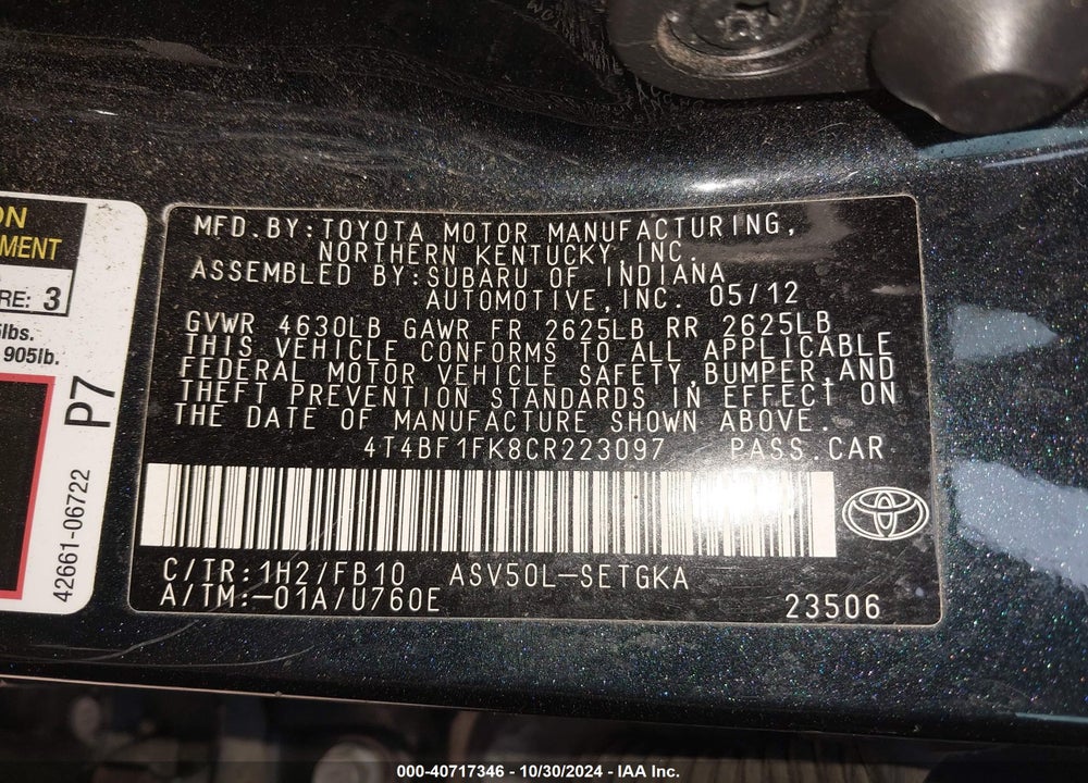 2012 TOYOTA CAMRY XLE VIN: 4T4BF1FK8CR223097