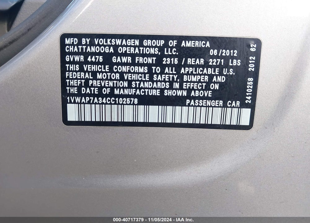 2012 VOLKSWAGEN PASSAT 2.5L S VIN: 1VWAP7A34CC102578