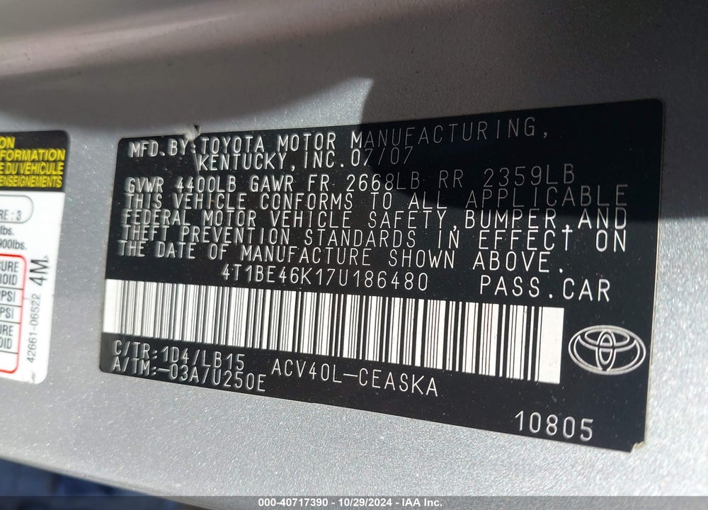 2007 TOYOTA CAMRY SE VIN: 4T1BE46K17U186480