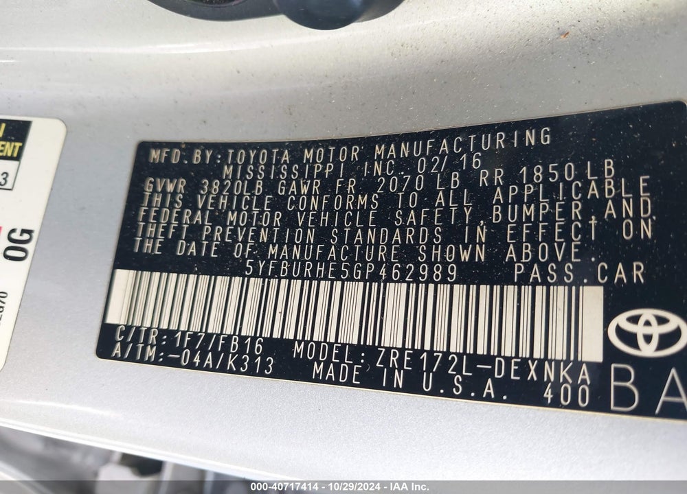 2016 TOYOTA COROLLA LE PLUS VIN: 5YFBURHE5GP462989