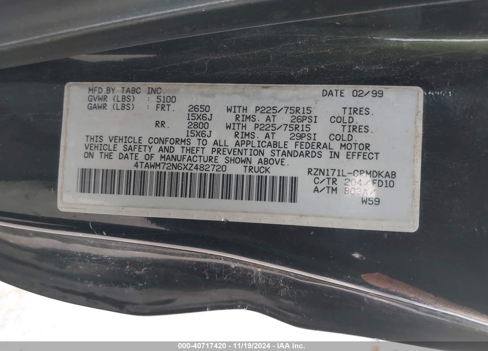 1999 TOYOTA TACOMA VIN: 4TAWM72N6XZ482720