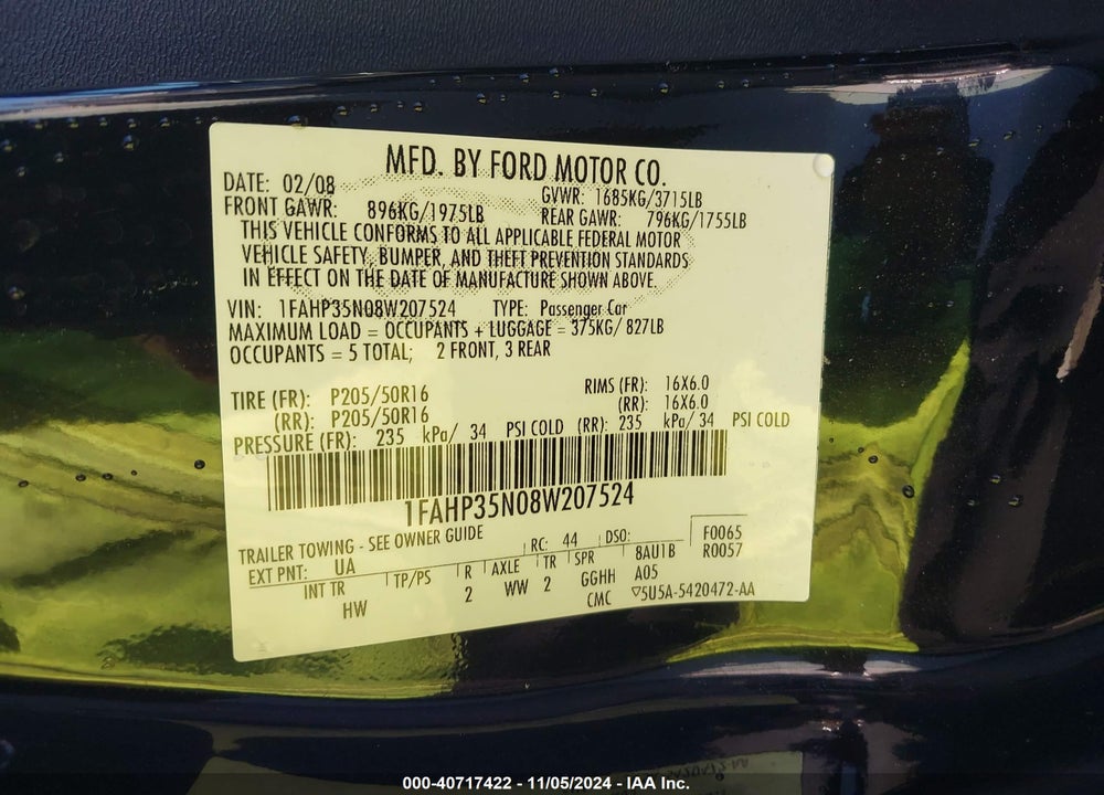 2008 FORD FOCUS SE/SES VIN: 1FAHP35N08W207524