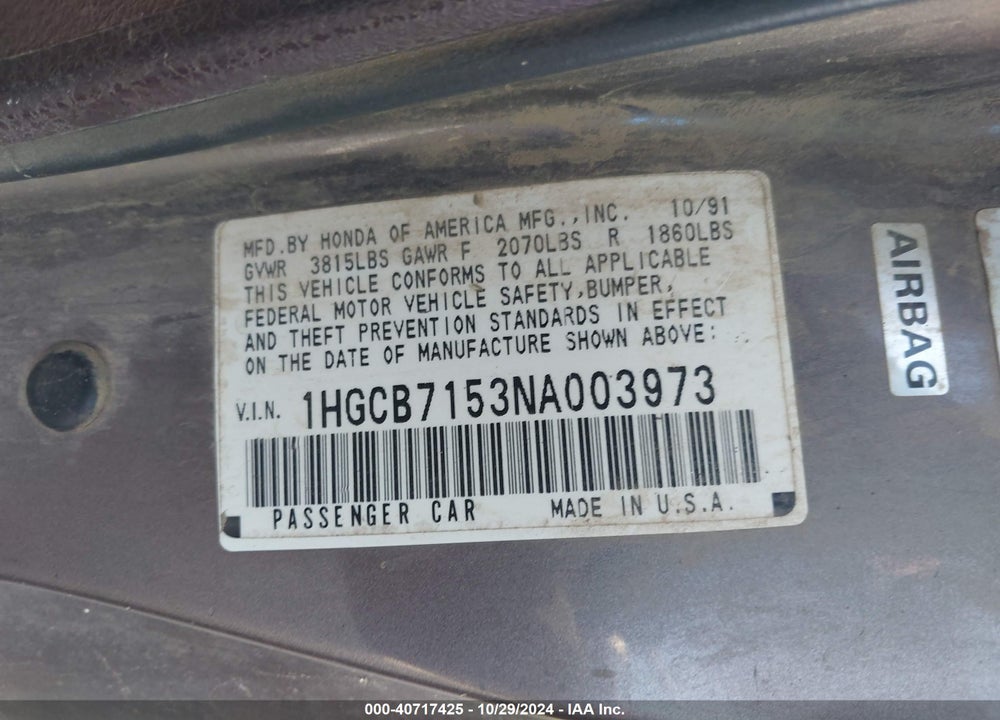 1992 HONDA ACCORD LX VIN: 1HGCB7153NA003973