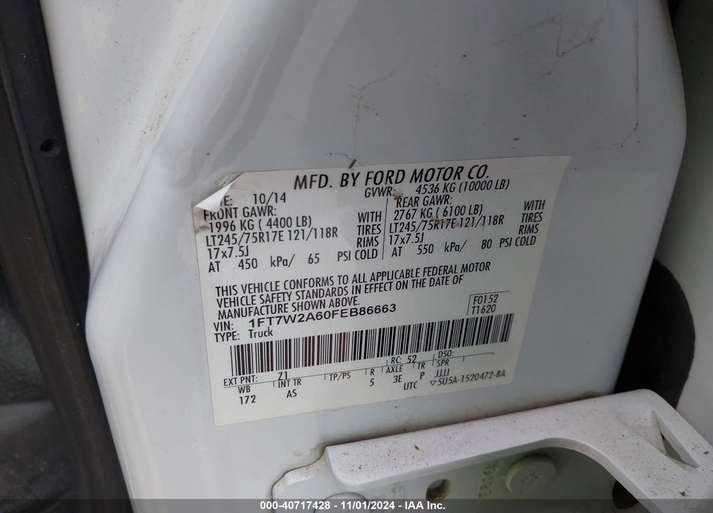 2015 FORD F-250 XL VIN: 1FT7W2A60FEB86663