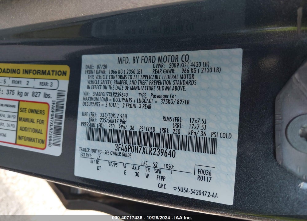 2020 FORD FUSION SE VIN: 3FA6P0H7XLR239640