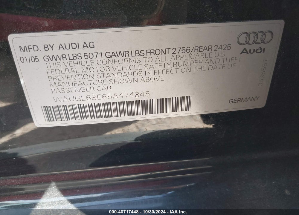2005 AUDI S4 4.2 VIN: WAUGL68E65A474848