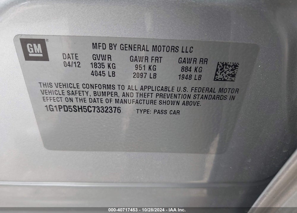 2012 CHEVROLET CRUZE LS VIN: 1G1PD5SH5C7332376