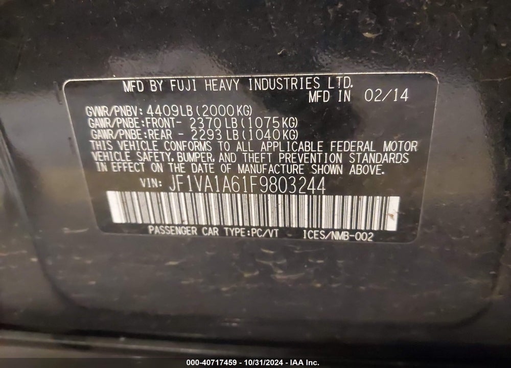 2015 SUBARU WRX VIN: JF1VA1A61F9803244