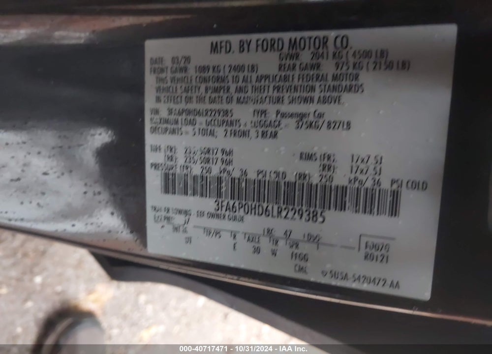 2020 FORD FUSION SE VIN: 3FA6P0HD6LR229385