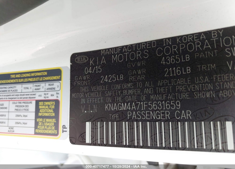 2015 KIA OPTIMA LX VIN: KNAGM4A71F5631659