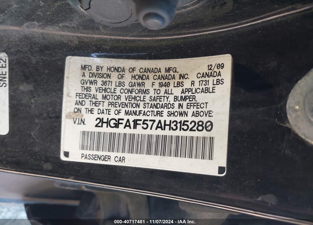 2010 HONDA CIVIC LX VIN: 2HGFA1F57AH315280