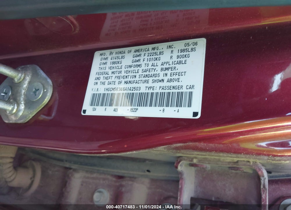 2006 HONDA ACCORD 2.4 SE VIN: 1HGCM56346A142503