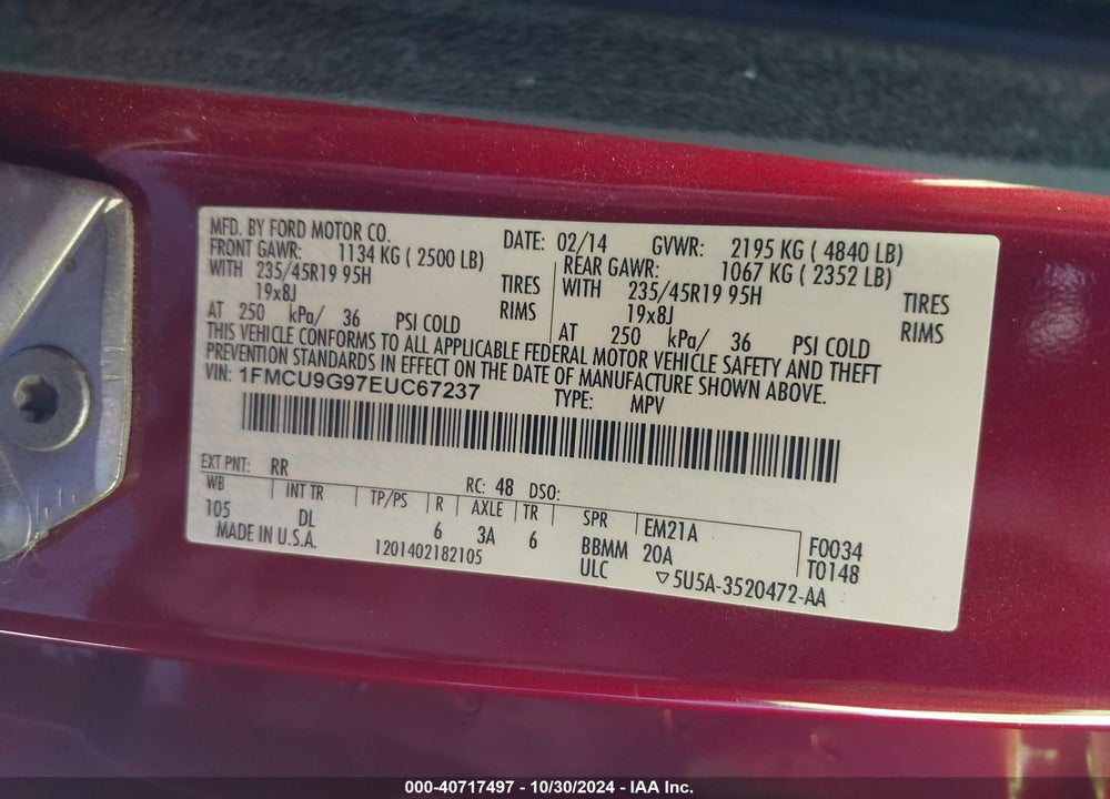 2014 FORD ESCAPE VIN: 1FMCU9G97EUC67237